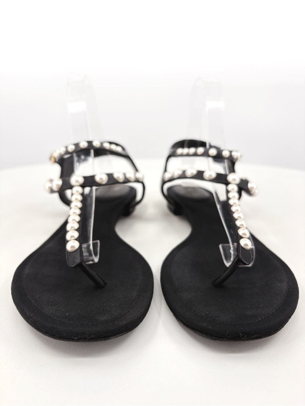 CHANEL Black Leather Pearl T-Strap Flat Thong Sandals 41 - Picture 6 of 15